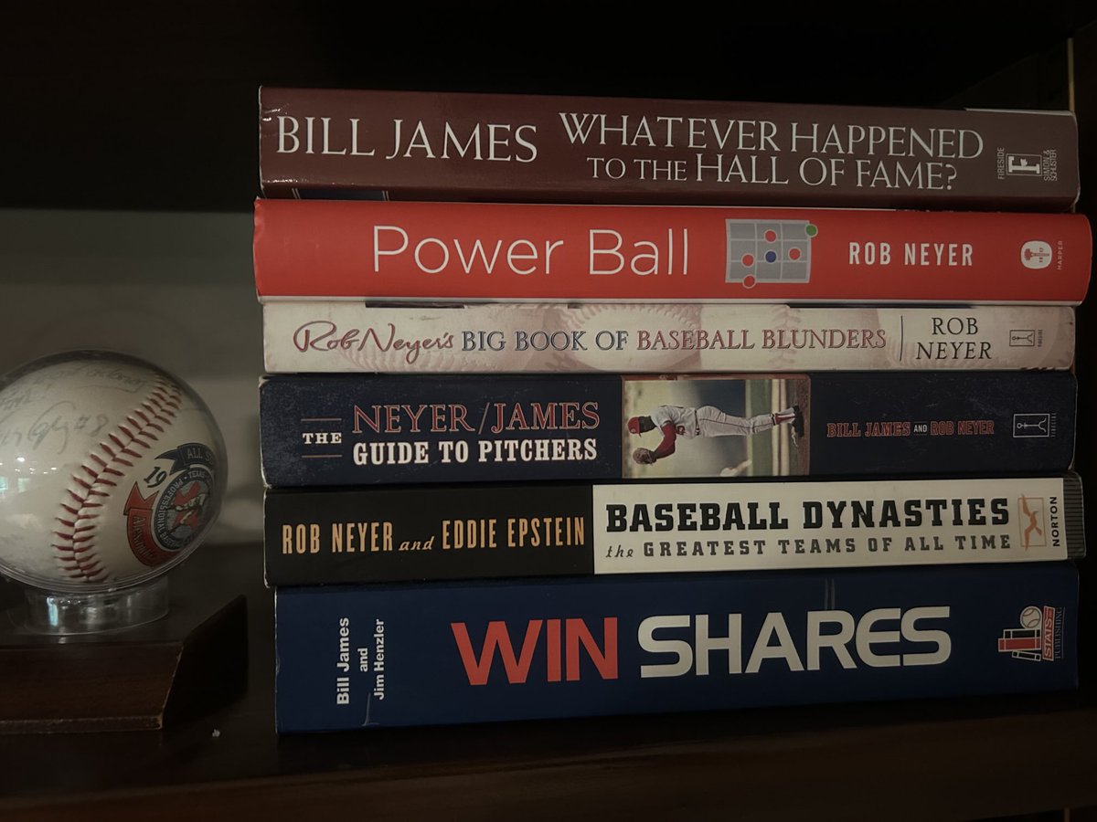 Getting settled into a new house, have a section reserved for my ⁦<a href="/robneyer/">Rob Neyer</a>⁩ and ⁦<a href="/billjamesonline/">Bill James Online</a>⁩ books. Oh, and that’s a Javy Lopez signed ball from the defunct Texas-Louisiana League that I played in from 1994-96. Good times …