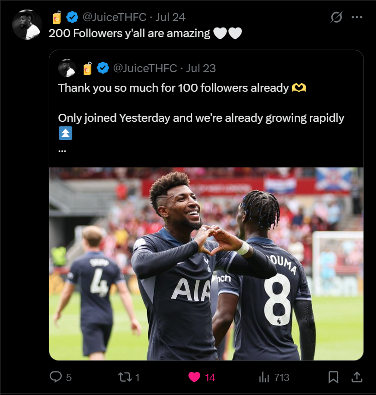 JuiceTHFC's tweet image. Thank you so much for 300 followers🤍

Let&apos;s push for 400📈