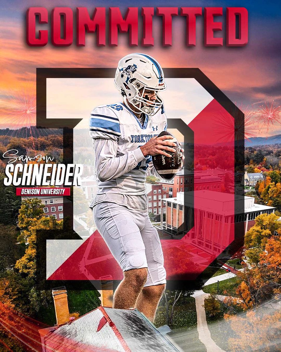 Samson Schneider 2026 QB (@samsonschneide4) on Twitter photo God is great! Super excited to announce my commitment to the admissions process at Denison University! Thank you to everyone who helped me throughout this process! #rolldenny
<a href="/DUFootball/">Denison Football</a> <a href="/YHSPatriotsFB/">Yorktown Patriots Football</a> <a href="/VAQB8/">Coach Thompson</a> <a href="/CoachJMcBride19/">Joe McBride</a> <a href="/coachhatem/">Jack Hatem</a> <a href="/keye_38/">Coach Thompson</a> <a href="/coachjo51/">Jovon Johnson</a> <a href="/Moses_Adam_86/">Adam Moses</a> God is great! Super excited to announce my commitment to the admissions process at Denison University! Thank you to everyone who helped me throughout this process! #rolldenny
<a href="/DUFootball/">Denison Football</a> <a href="/YHSPatriotsFB/">Yorktown Patriots Football</a> <a href="/VAQB8/">Coach Thompson</a> <a href="/CoachJMcBride19/">Joe McBride</a> <a href="/coachhatem/">Jack Hatem</a> <a href="/keye_38/">Coach Thompson</a> <a href="/coachjo51/">Jovon Johnson</a> <a href="/Moses_Adam_86/">Adam Moses</a>