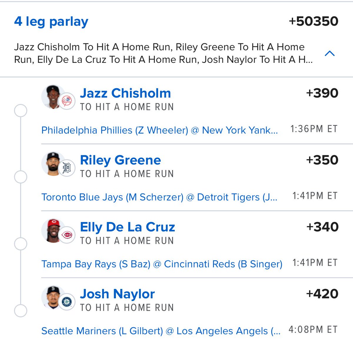 WizPicks__'s tweet photo. Moonshot 💣💣💣💣
Jazz, Greene, Elly, Naylor all locked in to go yard 🚀
+50350 odds — swingin’ for the stars 🌌
#DingerParlay #MLB #HomeRunHunters #FliffVibes #NoRiskNoLegend
Your gonna wish you saw this before 👀 https://t.co/Ej68v06NEX