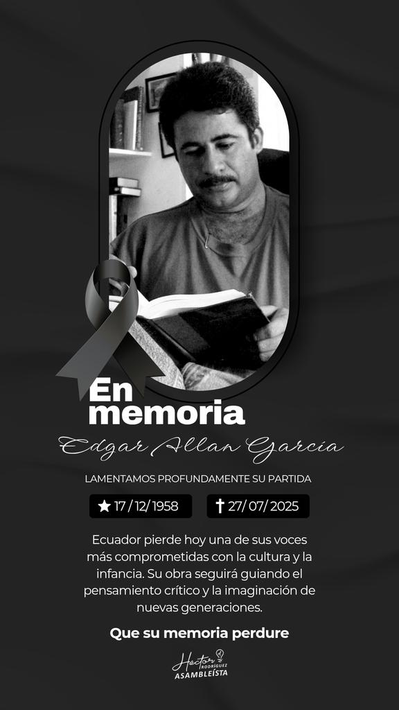 Hector5RC's tweet image. 🇪🇨 Hoy Ecuador despide a Edgar Allan García, una de sus voces más potentes en la construcción de pensamiento crítico desde la infancia. Su obra fue puente entre la palabra y la conciencia colectiva.

Recientemente distinguido con el Premio Iberoamericano Cervantes Chico 2025 🏅…
