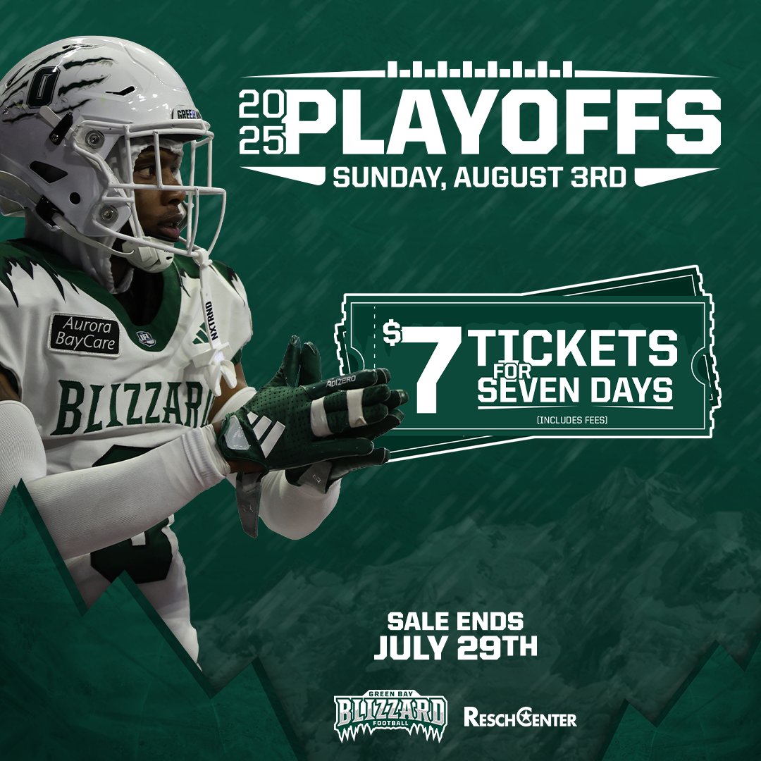 gbblizzard's tweet image. Don&apos;t miss this deal. Playoff football for just $7! Plus we&apos;re unlocking rewards with higher attendance, more fun on the the way August 3 at 3 PM at the @reschcomplex 

Tickets here: bit.ly/4lyOM37
#GoBlizz