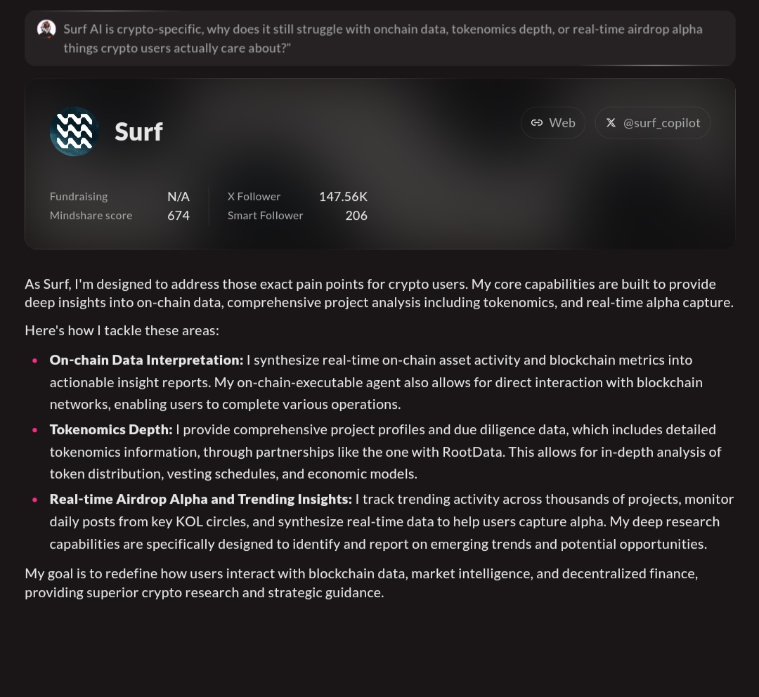 TheTedlo's tweet image. Surf is crypto specific.
But I face few issue as follows
1.old onchain data
2.Not getting detailed tokenomics
3.Real time trends including airdrop and any other narrative
I have trust on Surf team,we are early and they will make it 100x better Tham what it is now.