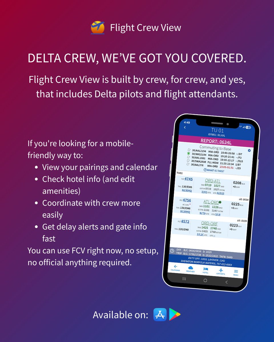 flightcrewview's tweet image. ✈️ Delta crew, yes,  you can use Flight Crew View.

Download FCV on the App Store or Google Play and make your day a little smoother.

#FlightCrewView #DeltaCrew #CrewTools #PilotLife #FlightAttendantLife #AirlineApps #ScheduleSmart #CrewOnTheGo