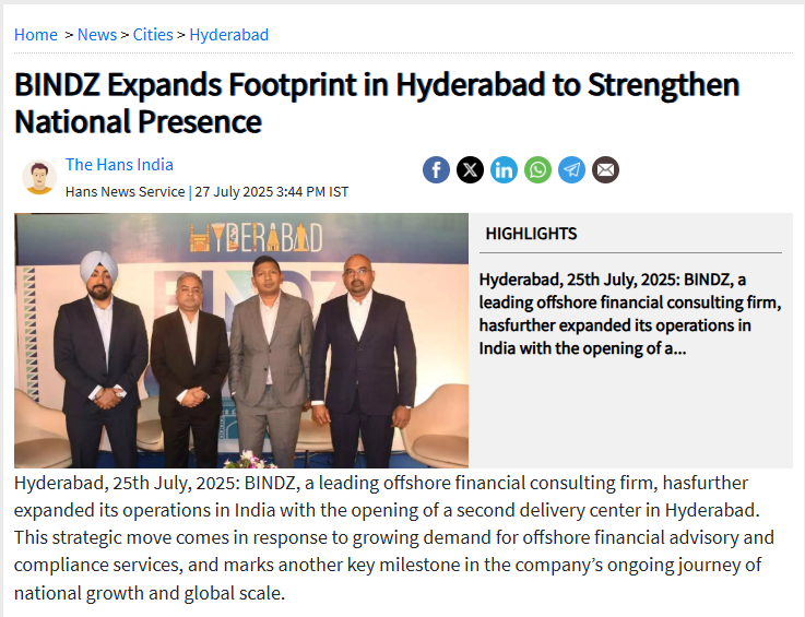 ChennuSridhar's tweet image. BINDZ Expands Operations in #Hyderabad

🔷 Second India center launched in #HITECCity

🔷 Situated in the city’s business hub, the new office enhances #BINDZ’s ability to deliver efficient, tech-led financial services worldwide