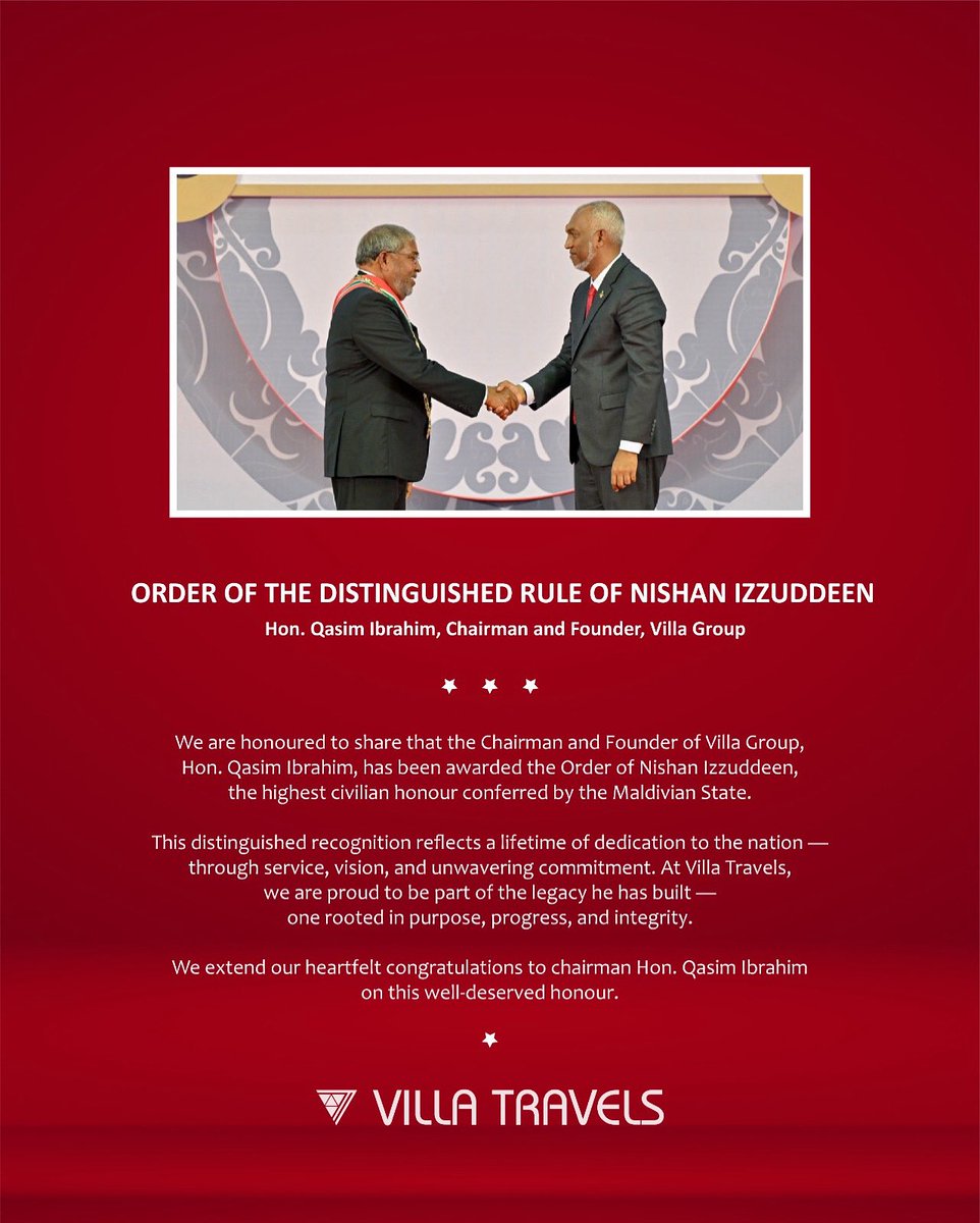 We are honoured to celebrate our Chairman &amp; Founder, Hon. Qasim Ibrahim, who has been awarded the prestigious Order of Nishan Izzuddeen — the highest civilian honour in the Maldives. 

We extend our heartfelt congratulations to Hon. Qasim Ibrahim &amp; proudly continue the journey.