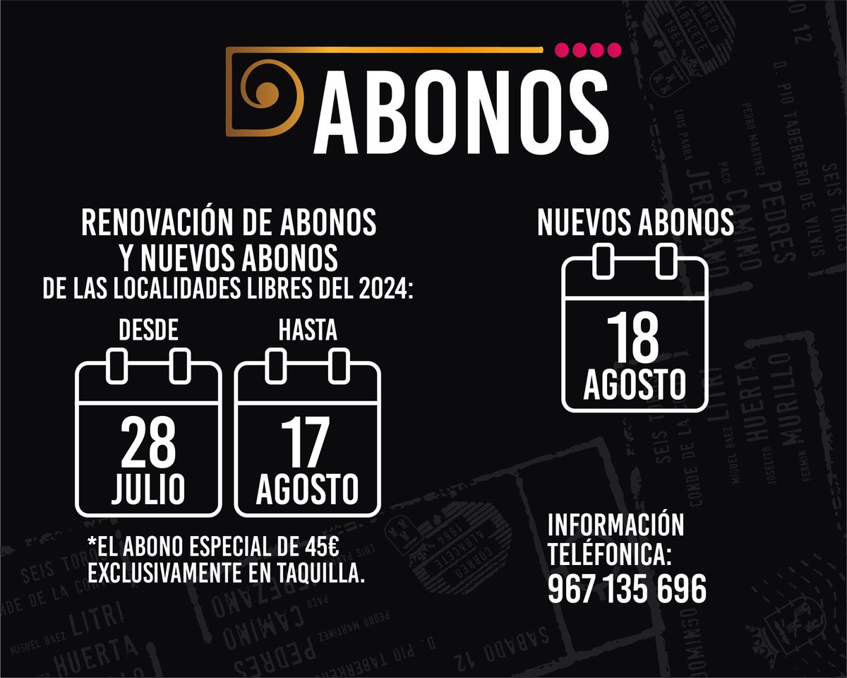 Plaza de toros de Albacete oficial (@albacetetoros) on Twitter photo ๐จMaรฑana comienza la ๐ฟ๐ฒ๐ป๐ผ๐๐ฎ๐ฐ๐ถ๐ผฬ๐ป ๐ฑ๐ฒ ๐ฎ๐ฏ๐ผ๐ป๐ผ๐ de la ๐๐ฒ๐ฟ๐ถ๐ฎ ๐ง๐ฎ๐๐ฟ๐ถ๐ป๐ฎ ๐ฑ๐ฒ ๐๐น๐ฏ๐ฎ๐ฐ๐ฒ๐๐ฒ ๐ฎ๐ฌ๐ฎ๐ฑ
๐๐ผ plazatorosalbacete.com
๐๐ผ Taquillas de la plaza de toros
๐๐ผ Centro comercial calle Ancha ๐จMaรฑana comienza la ๐ฟ๐ฒ๐ป๐ผ๐๐ฎ๐ฐ๐ถ๐ผฬ๐ป ๐ฑ๐ฒ ๐ฎ๐ฏ๐ผ๐ป๐ผ๐ de la ๐๐ฒ๐ฟ๐ถ๐ฎ ๐ง๐ฎ๐๐ฟ๐ถ๐ป๐ฎ ๐ฑ๐ฒ ๐๐น๐ฏ๐ฎ๐ฐ๐ฒ๐๐ฒ ๐ฎ๐ฌ๐ฎ๐ฑ
๐๐ผ plazatorosalbacete.com
๐๐ผ Taquillas de la plaza de toros
๐๐ผ Centro comercial calle Ancha