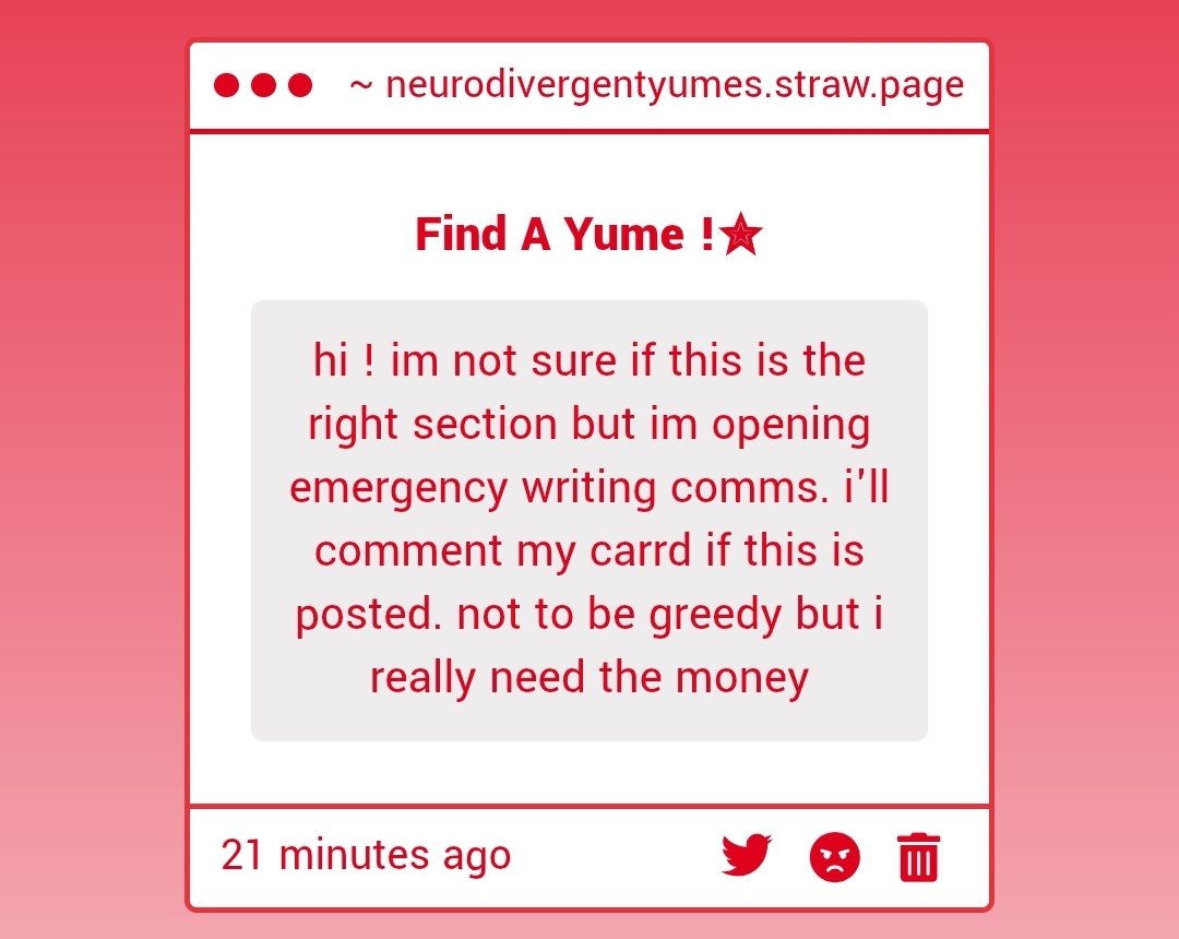 neurodivyume's tweet image. C0mms Search ✧
" hi ! im not sure if this is the right section but im opening emergency writing c0mms. i'll comment my carrd if this is posted. not to be greedy but i really need the mo/ney "