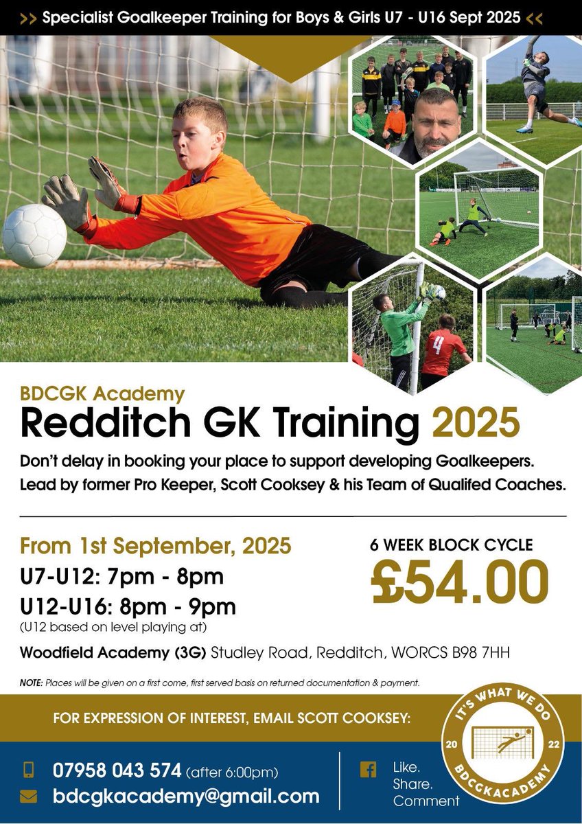 Please share as expanding. 5 places available for both time slots. GK training for boys and girls.