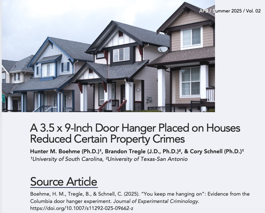 Kirk Luther (@kirkluther) on Twitter photo 1/ Can a simple door hanger reduce property crime Today’s #APB Summer 2025 showcase by <a href="/BoehmeHM/">Hunter M. Boehme</a>, <a href="/btregle/">Brandon Tregle</a>, & Cory Schnell highlights a randomized trial where police dropped off flyers after burglaries. The result? Significant drops in total property crimes + thefts. 🧵👇 1/ Can a simple door hanger reduce property crime Today’s #APB Summer 2025 showcase by <a href="/BoehmeHM/">Hunter M. Boehme</a>, <a href="/btregle/">Brandon Tregle</a>, & Cory Schnell highlights a randomized trial where police dropped off flyers after burglaries. The result? Significant drops in total property crimes + thefts. 🧵👇