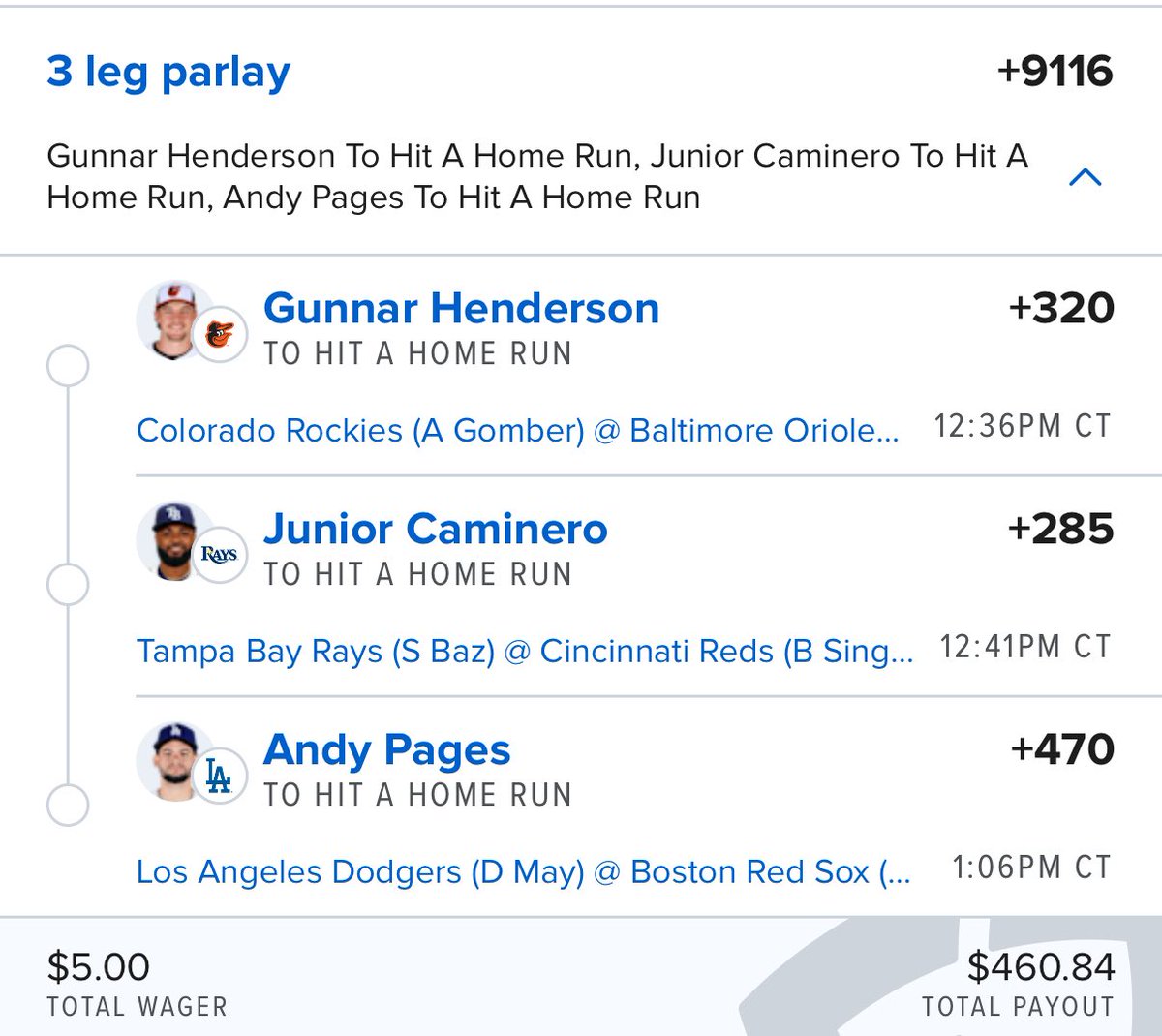 PicksHunch0's tweet image. MLB HR Parlay +9116 🍀 💥