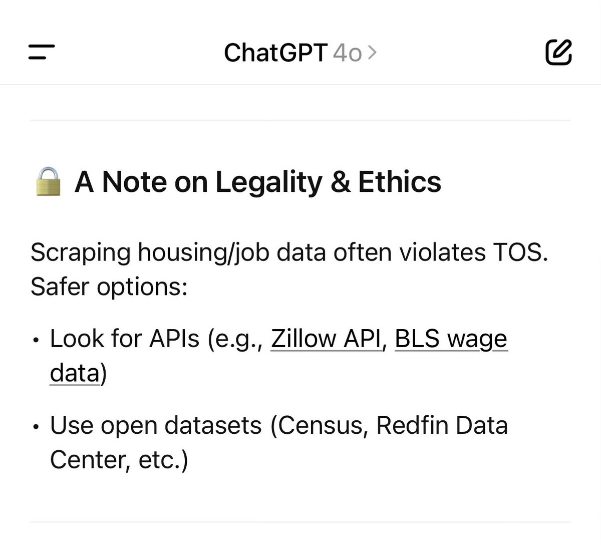 ChatGPT lecturing me on legality of scraping data is so fucking funny.  
You are the illegal scraping brother.