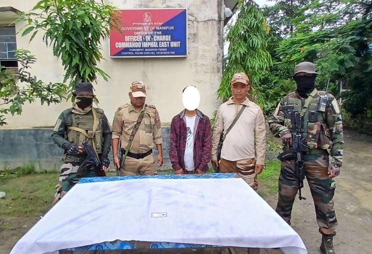 manipur_police's tweet image. On 27.07.2025, security forces arrested an active cadre of KCP (MFL), one Yumnam Koko Singh (23) of Eshingthembi Mapan, Sagolmang-PS, Imphal East district from the locality of his residence.