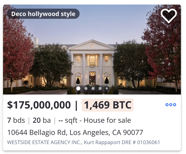OppCostApp's tweet image. The most expensive house on Zillow costs 1,469 BTC.
8 years ago, that was just $1.15 million.
At this pace, houses will be priced in sats.