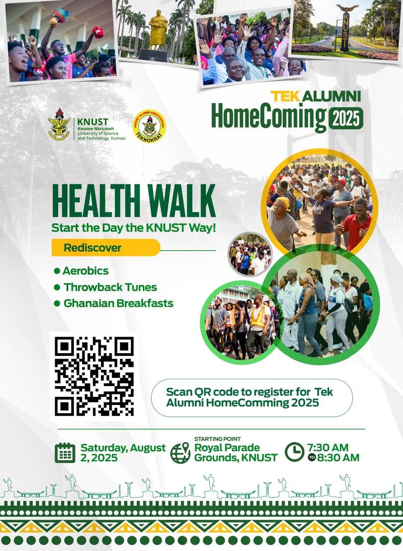 KNUSTNotice's tweet image. STEP UP FOR HEALTH! 🏥💪 Join us for a HEALTH WALK 🚶♀️ at #TekAlumniHomecoming & let's walk towards a healthier tomorrow! 🌟 When: Aug 1st #HealthMatters #TekAlumniHomecoming