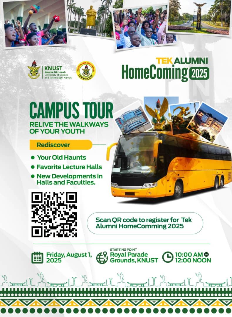 KNUSTNotice's tweet image. IT'S TIME FOR ACTION! 🔥 Join us on Aug 1st for a CAMPUS TOUR 🚶♀️ & let's ignite the future of KNUST! 🌟 Minds, history & now ACTION! 💪 #TekAlumniHomecoming