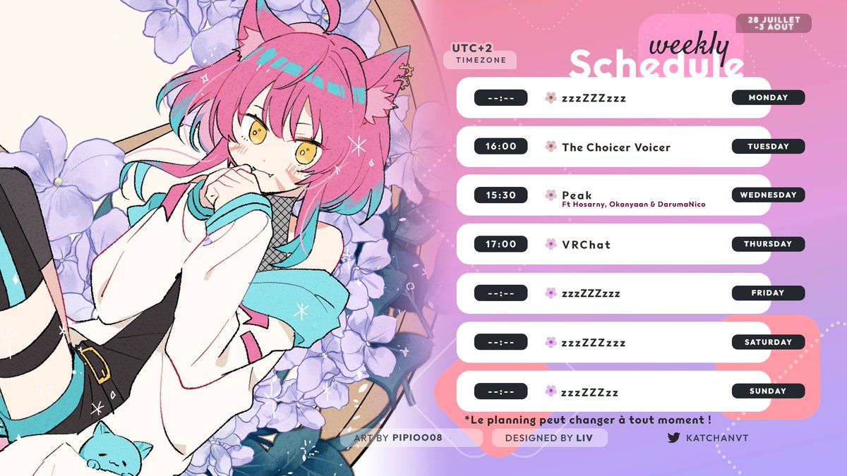 KatChanVT's tweet image. Planning du 28 juillet - 3 aout

Mardi 16h : The Choicer Voicer
Mercredi 15h30 : Peak avec @hosarny @Okanyaan_  &amp;amp; @DarumaNico 
Jeudi 17h : VRChat

Planning soft parce qu&apos;en fin de semaine KatMomChan vient me rendre visite!