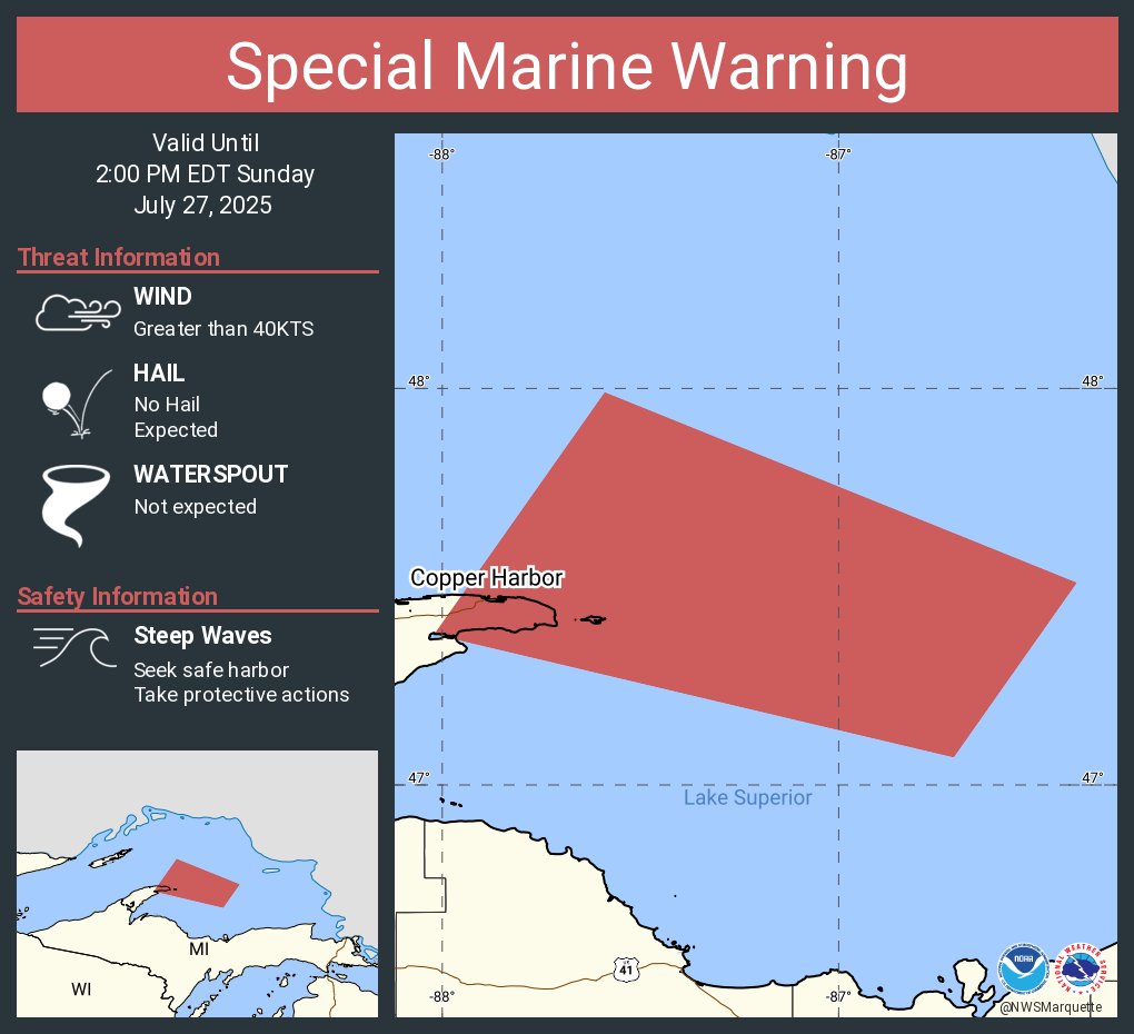 NWSMarquette's tweet image. Special Marine Warning continues for the Lake Superior East of a line from Manitou Island to Marquette MI and West of a line from Grand Marais MI to the US/Canadian Border Beyond 5NM from shore and Eagle River to Manitou Island MI until 2:00 PM EDT