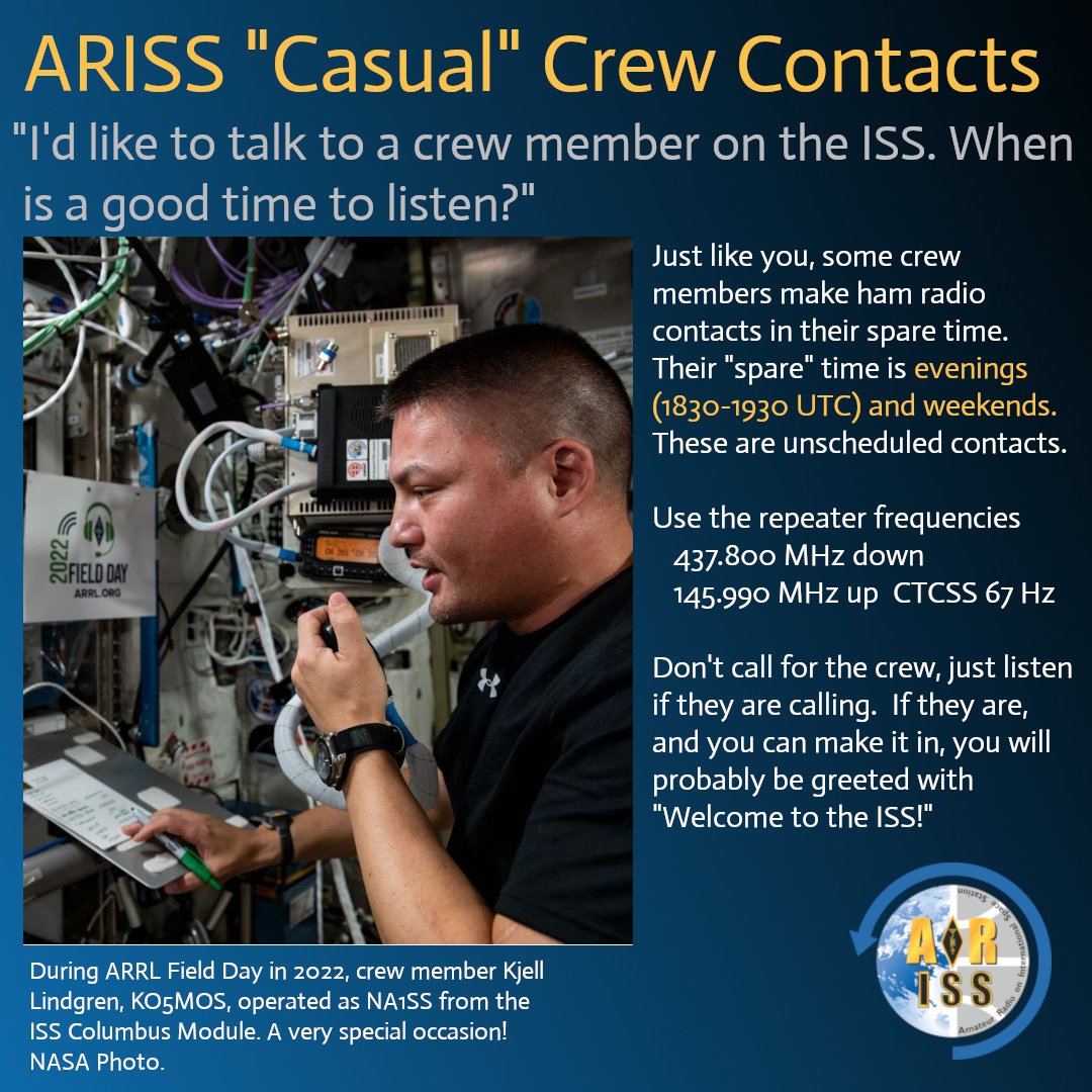 ARISS_Intl's tweet image. We hear @Astro_Ayers was active on the ARISS radio yesterday, making some memorable contacts with hams on the ground.
Back in the day you would use different frequencies for casual crew contacts, now it's all done via the repeater frequencies.