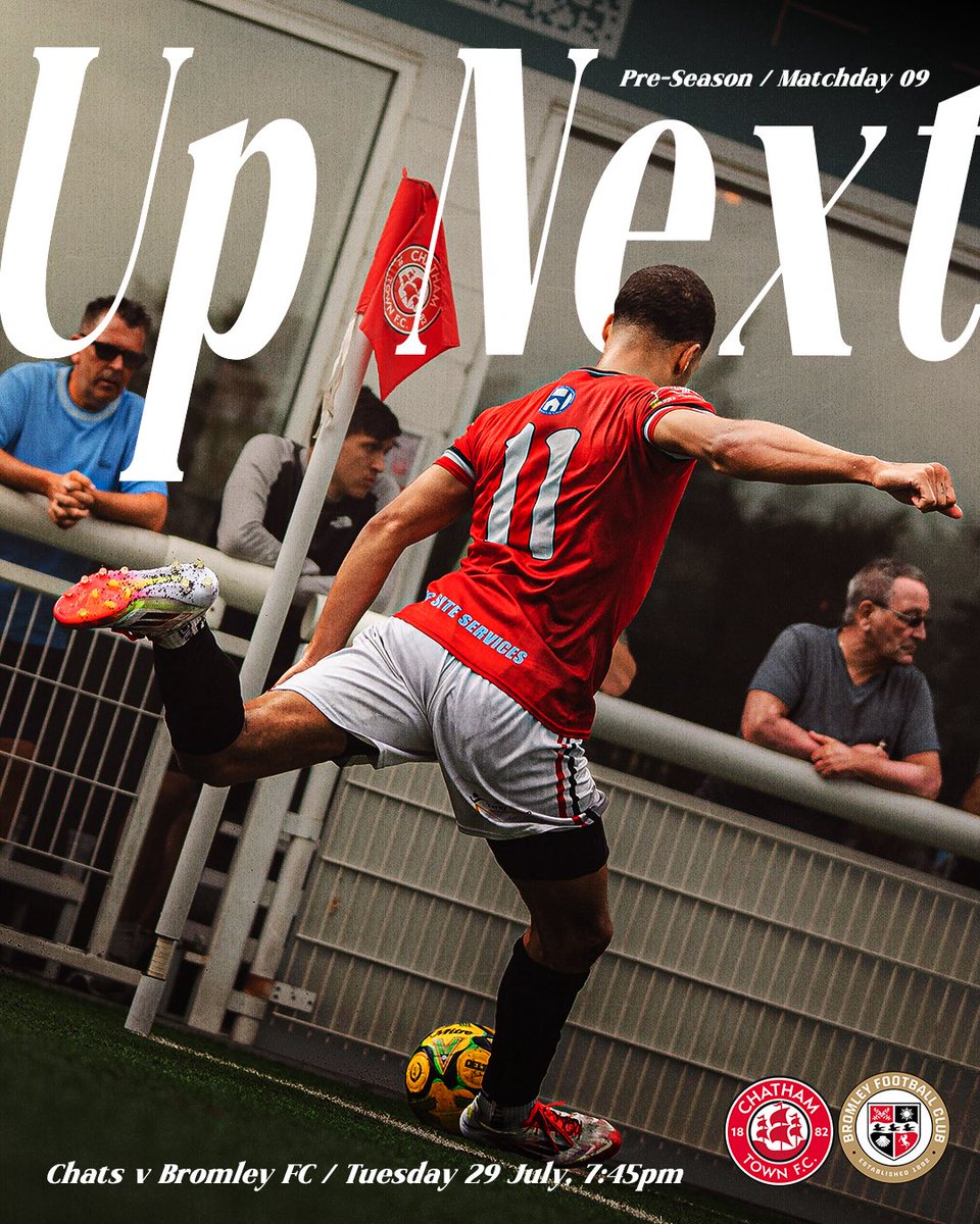 ChathamTownFC's tweet image. 𝙋𝙧𝙚-𝙎𝙚𝙖𝙨𝙤𝙣 / 𝙈𝙖𝙩𝙘𝙝𝙙𝙖𝙮 09

Join us for our penultimate pre-season fixture at the Bauvill on Tuesday night — taking on @BromleyFC, 7:45pm KO! 

𝗧𝗜𝗖𝗞𝗘𝗧𝗦 🔗 | shorturl.at/cVXZy

🔴⚪️⚫️ #UpTheChats