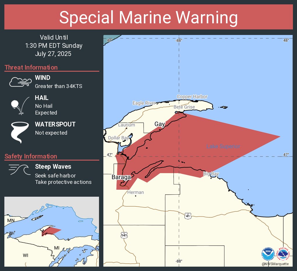 NWSMarquette's tweet image. Special Marine Warning continues for the Lake Superior East of a line from Manitou Island to Marquette MI and West of a line from Grand Marais MI to the US/Canadian Border Beyond 5NM from shore and Huron Islands to Marquette MI until 1:30 PM EDT