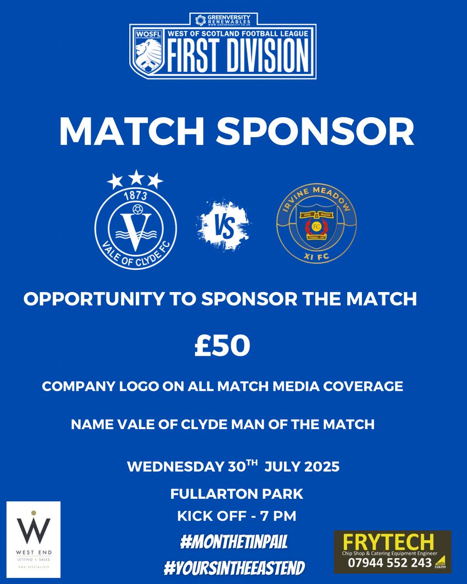 ValeOfClydeJnrs's tweet image. ⚽️ MATCH SPONSOR REQUIRED ⚽️

We are looking for a match sponsor for our first home game of the season on Wednesday night against @Medda1897 

With it being a huge occasion for the club, we want everyone to get behind the Vale and what better way to show support than sponsoring…