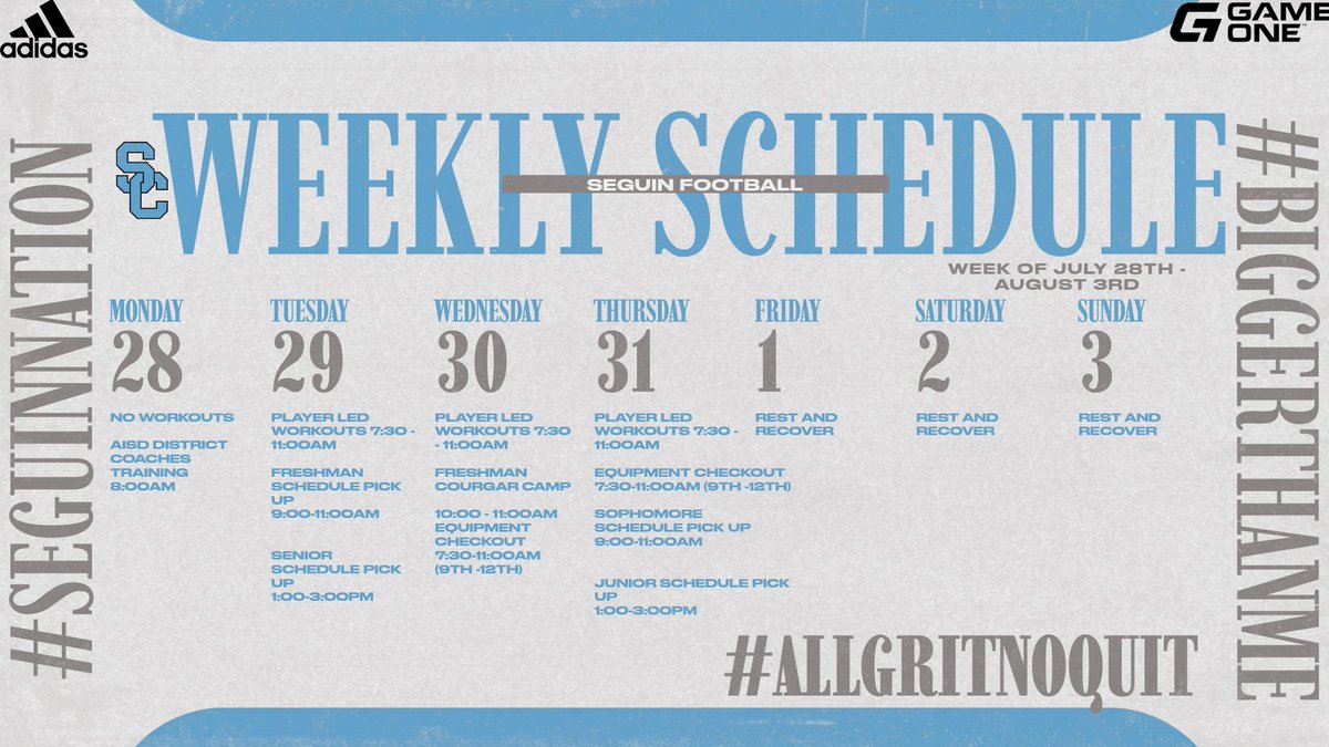 Seguin Cougar Football ๐๐พ (@seguincougarfb) on Twitter photo Weekly itinerary for this upcoming week! #Southside #SeguinNation #BiggerThanMe #AllGritNoQuit #YSH <a href="/coachjoegordon/">The Official Teammate of Today's Student Athlete</a> <a href="/blin_jr/">Billy Linson Jr</a> Weekly itinerary for this upcoming week! #Southside #SeguinNation #BiggerThanMe #AllGritNoQuit #YSH <a href="/coachjoegordon/">The Official Teammate of Today's Student Athlete</a> <a href="/blin_jr/">Billy Linson Jr</a>