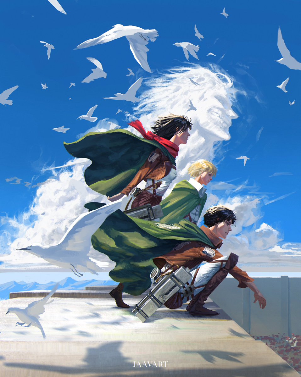 jaavart's tweet image. I’m rewatching SNK so here’s a fanart of our trio🙂↕️🤲#AttackOnTitan #AOT #Fanart