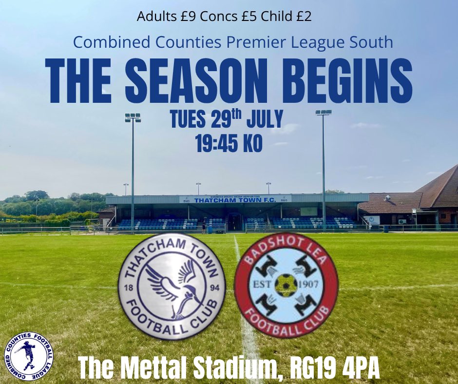 📢⚽ THE SEASON BEGINS! ⚽📢

The wait is over! Join us at The Mettal Stadium as we kick off the new Combined Counties Premier League South season!

🆚 <a href="/BLFC1907/">Badshot Lea FC</a> 
📅 Tuesday 29th July
⏰ 7:45 PM Kick-Off
📍 RG19 4PA
🎟️ Adults £9 | Concessions £5 | Kids just £2!

🔵⚪️