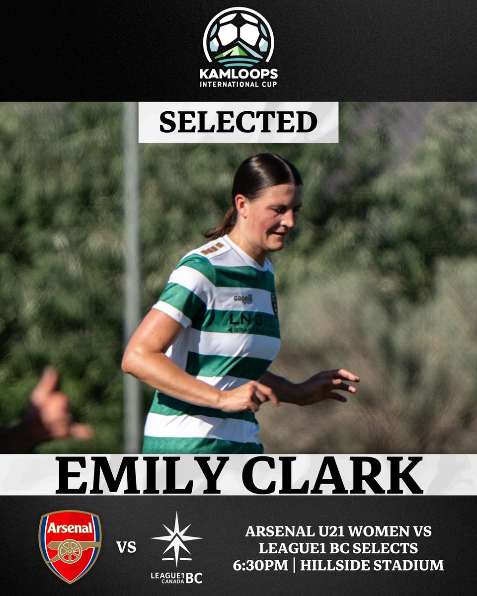 kamloopsunited's tweet image. Selected ✅
Taylor Miller, Emily Clark, Cara Freeman, and Erin Freeman will all represent the @League1BC Selects Tonight vs Arsenal’s U21 Women! 👏
Hillside Stadium
Kickoff - 6:30 PM
#KamloopsUnitedFC #KamloopsInternationalCup