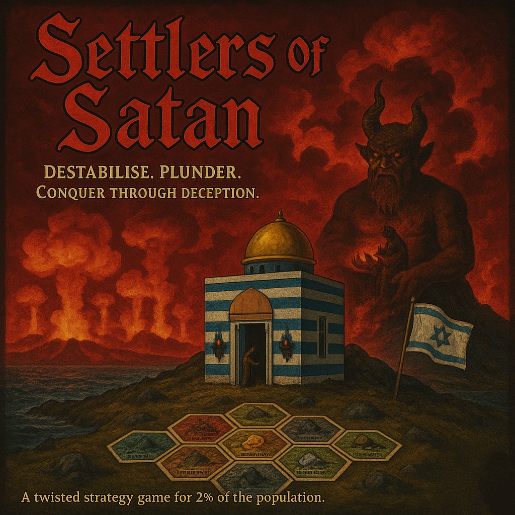 LowlandsLeo's tweet image. Check out "Settlers of Satan: Zionist Edition" - while the whole world decolonizes, you drive out and kill the Palestinians to claim their territories. Kill UN diplomats, arm rebels in Rhodesia & SA, steal nuclear bombs and occupy foreign governments. No rules, you rule the game!