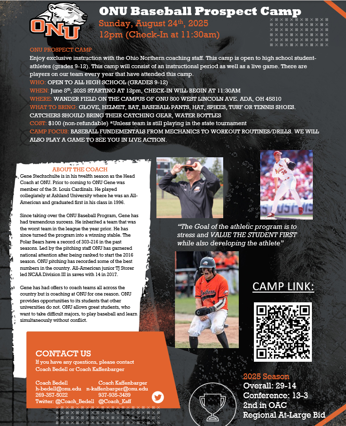 DON'T FORGET‼️We will be having our Prospect camp August 24th. Come workout in front of the entire ONU staff, along with with a live game. We have signed kids from our camp every year!!   
Click on the link the register⬇️ #BearDown 🐻‍❄️
payment.onu.edu/C21185_ustores…