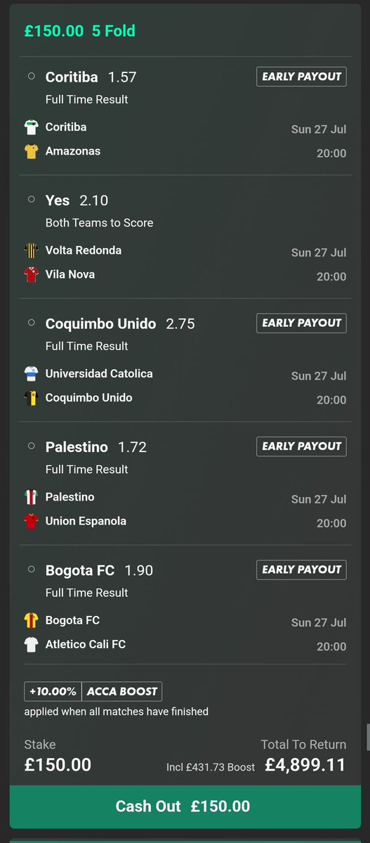 🔥 SUNDAY NIGHT 5-FOLD 🔥
£150 ➡️ £4,899.11 💰
SOUTH AMERICAN SPECIAL 🌎 | BOOSTED ACCA 🚀

➡️
⏰ ALL GAMES KICK OFF 20:00
ODDS: 32.66 incl. 10% Boost 📈

IF THIS LANDS, I’LL GIVE AWAY THE FULL £500 STAKE TO ONE LUCKY FOLLOWER WHO LIKES ❤️ &amp; RETWEETS 🔁