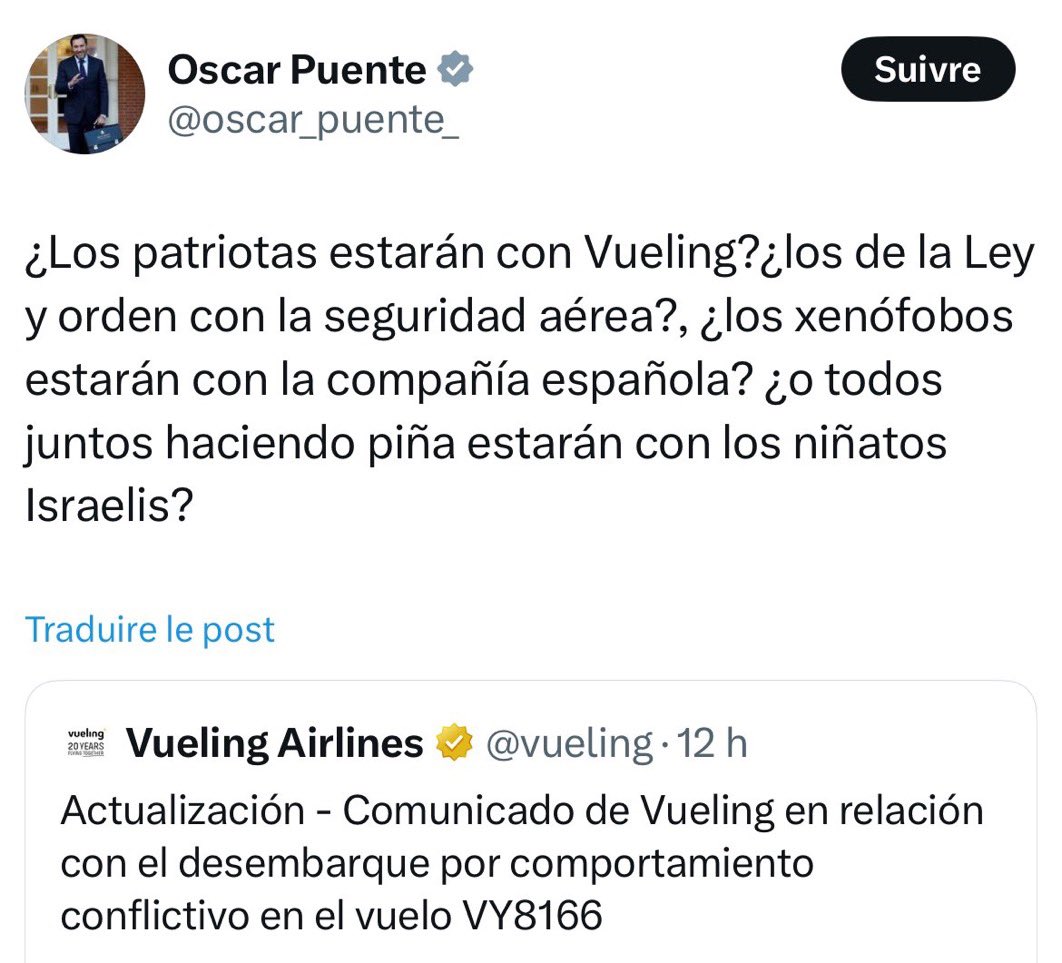 LeonardoPanetta's tweet image. Il ministro dei trasporti spagnolo Oscar Puente, esponente socialista, fa un tweet in cui chiama in causa provocatoriamente i patrioti, leggasi elettori vox quindi la destra, che non prendono le difese di Vueling e si schierano a favore dei ragazzini israeliani.
Peccato fossero…