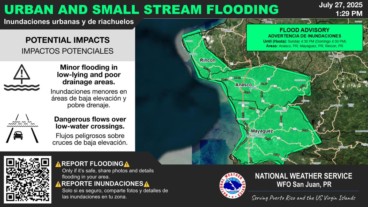 NWSSanJuan's tweet image. ⚠️AÑASCO, RINCÓN and MAYAGÜEZ⚠️
Urban and Small Stream Flood Advisory. | Advertencia de Inundaciones Urbanas y de Riachuelos.
Until | Hasta: 4:30 PM AST Jul 27
#PRwx