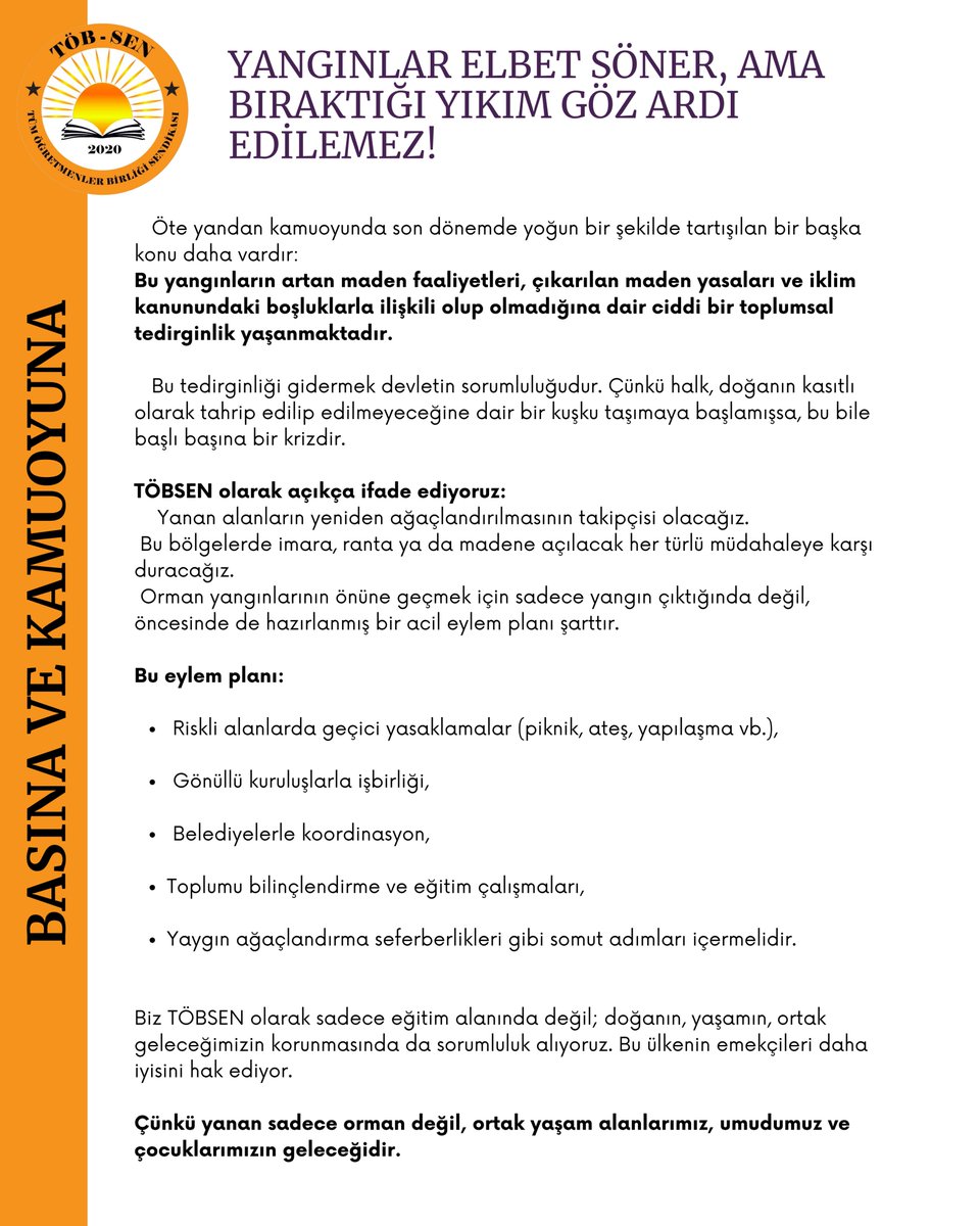 sendikatobsen's tweet image. Yanan sadece ağaç değil; yaşamımız, umudumuz, geleceğimizdir.
Cumhurbaşkanının “3.062 yangın söndürüldü” açıklaması gerçeği örtmeye yetmez. Yangınların neden çıktığı, ne kadar sürdüğü, ne kadar alanı yok ettiği ve bu zararın önlenip önlenemeyeceği hâlâ cevapsız.
Halk her…