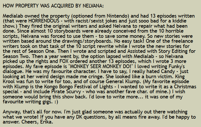 AKoolKoopa's tweet image. Fun fact about the Donkey Kong Country cartoon: The entirety of season one had to be redone last minute because the scripts were so racist and sexist that they had to fire every writer.