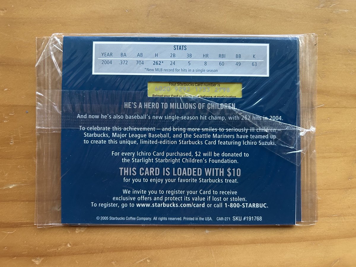 HawaiiCardLife's tweet image. Don’t have a lot of his cards. But this is one of my fav cards in my entire collection: Starbucks gift card to commemorate his single season hits record! Kept one sealed, opened another. I think this was a regional issue to the Pacific NW. Congratulations Ichiro! @CardPurchaser