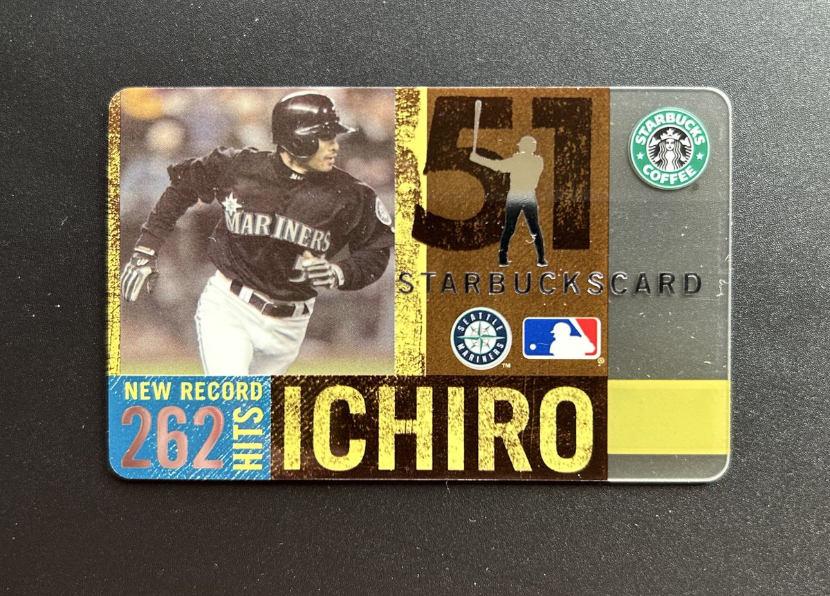 HawaiiCardLife's tweet image. Don’t have a lot of his cards. But this is one of my fav cards in my entire collection: Starbucks gift card to commemorate his single season hits record! Kept one sealed, opened another. I think this was a regional issue to the Pacific NW. Congratulations Ichiro! @CardPurchaser