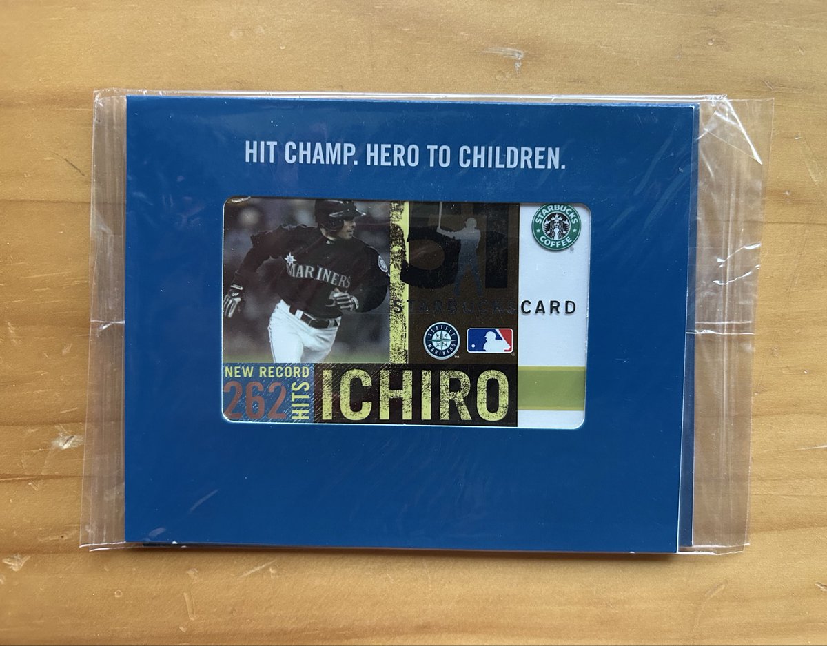 HawaiiCardLife's tweet image. Don’t have a lot of his cards. But this is one of my fav cards in my entire collection: Starbucks gift card to commemorate his single season hits record! Kept one sealed, opened another. I think this was a regional issue to the Pacific NW. Congratulations Ichiro! @CardPurchaser