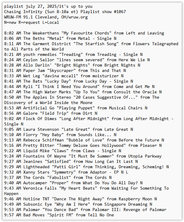 Ed Zeitz (@edzeitz) on Twitter photo my <a href="/WRUW/">WRUW-FM 91.1</a> playlist this am ft <a href="/allodarlinuk/">Allo Darlin'</a> <a href="/wetlegband/">Wet Leg</a> <a href="/theBatsNZ/">The BATS</a> <a href="/prettybittermp3/">pretty bitter🫀𝐏𝐋𝐄𝐀𝐒𝐄𝐑 𝐈𝐒 𝐎𝐔𝐓 𝐍𝐎𝐖🫀</a> <a href="/liquidmikeband/">liquidmike</a> <a href="/jeanines_nyc/">jeanines</a> <a href="/AutocamperBand/">Autocamper</a> <a href="/SubsonicEye/">Subsonic Eye</a> <a href="/palomartheband/">Palomar</a> <a href="/badmovesDC/">Bad Moves</a> +more my <a href="/WRUW/">WRUW-FM 91.1</a> playlist this am ft <a href="/allodarlinuk/">Allo Darlin'</a> <a href="/wetlegband/">Wet Leg</a> <a href="/theBatsNZ/">The BATS</a> <a href="/prettybittermp3/">pretty bitter🫀𝐏𝐋𝐄𝐀𝐒𝐄𝐑 𝐈𝐒 𝐎𝐔𝐓 𝐍𝐎𝐖🫀</a> <a href="/liquidmikeband/">liquidmike</a> <a href="/jeanines_nyc/">jeanines</a> <a href="/AutocamperBand/">Autocamper</a> <a href="/SubsonicEye/">Subsonic Eye</a> <a href="/palomartheband/">Palomar</a> <a href="/badmovesDC/">Bad Moves</a> +more