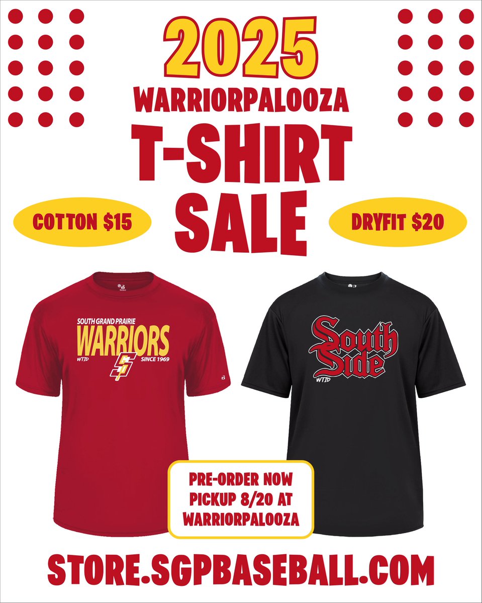🔥 LAST DAY TO ORDER 🔥

Get your official 2025 Warriorpalooza shirts before it’s too late!

Cotton – $15 | DryFit – $20

Pre-order NOW, pick up 8/20 at Warriorpalooza!

store.sgpbaseball.com

#wtid👌
