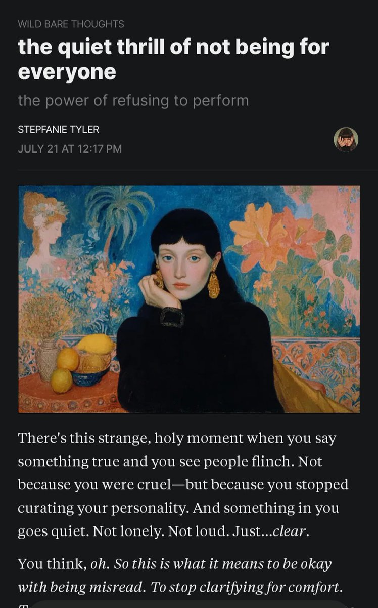 The same conversation keeps coming up for me: the exhausting performative nature of everything. 

This substack piece captures so much of what I'm feeling and also highlights the power of accepting that not everyone is going to like you. 

A must read.