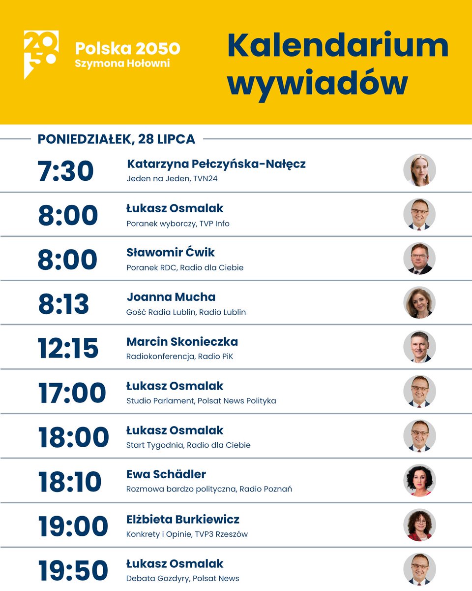 PL_2050's tweet image. Jutro w mediach (28.07):
07:30 - @tvn24 - @Kpelczynska 
08:00 - @tvp_info - @LukaszOsmalak 
08:00 - @rdcpolskieradio - @S_Cwik 
08:13 - @RadioLublin - @joannamucha 
12:15 - @radiopik - @m_skonieczka 
17:00 - @polsat_news_pol - @LukaszOsmalak 
18:00 - @rdcpolskieradio -…