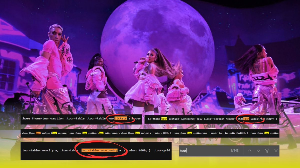 AriGrandeStats's tweet image. The page has been like this for some time now, but just for letting you know, Ariana’s website is ready for a world tour.
The word “tour” is mentioned +140 times in the source code, as well as other keywords as “country”, “tickets”, “date” or “city”.
The tour section is…