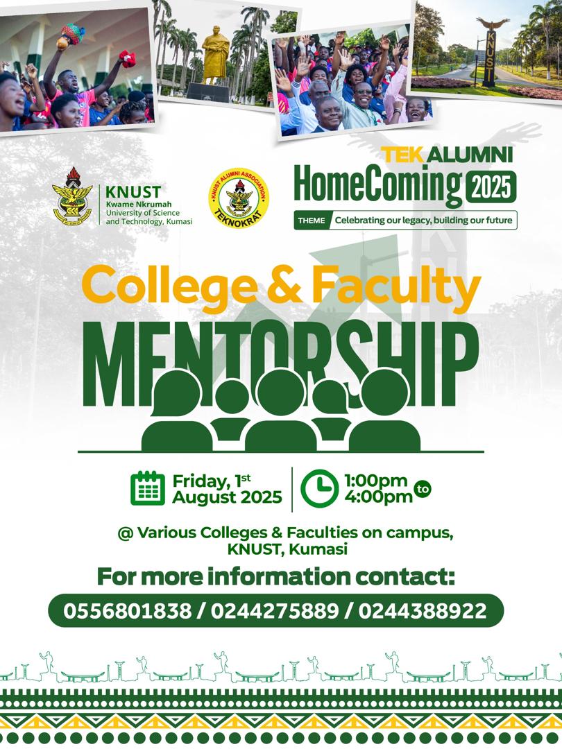 KNUSTNotice's tweet image. MENTORSHIP MATTERS! 🤝📚 Join us at #TekAlumniHomecoming & let's shape the future of KNUST! 🌟 College & Faculty mentorship opportunities await! 💡 Connect, inspire, and empower the next gen! 💪