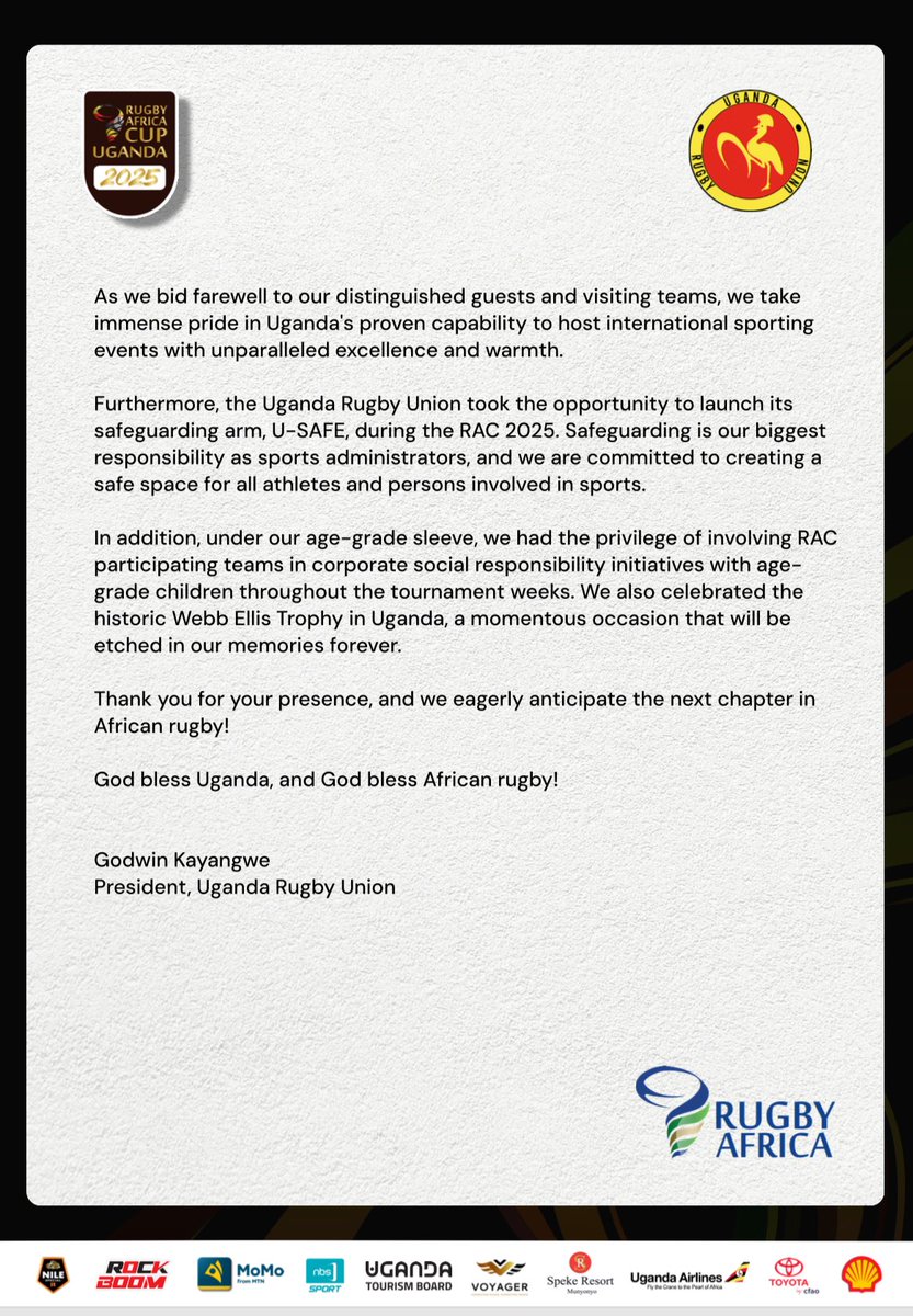 Uganda Rugby Union (@ugandarugby) on Twitter photo Official #RACUG25 Closing Remarks from the President of The Uganda Rugby Union, Mr Kayangwe Godwin.
<a href="/KayangweGodwin/">Godwin Kayangwe Arinaitwe</a>
#feeltheafricanspirit Official #RACUG25 Closing Remarks from the President of The Uganda Rugby Union, Mr Kayangwe Godwin.
<a href="/KayangweGodwin/">Godwin Kayangwe Arinaitwe</a>
#feeltheafricanspirit