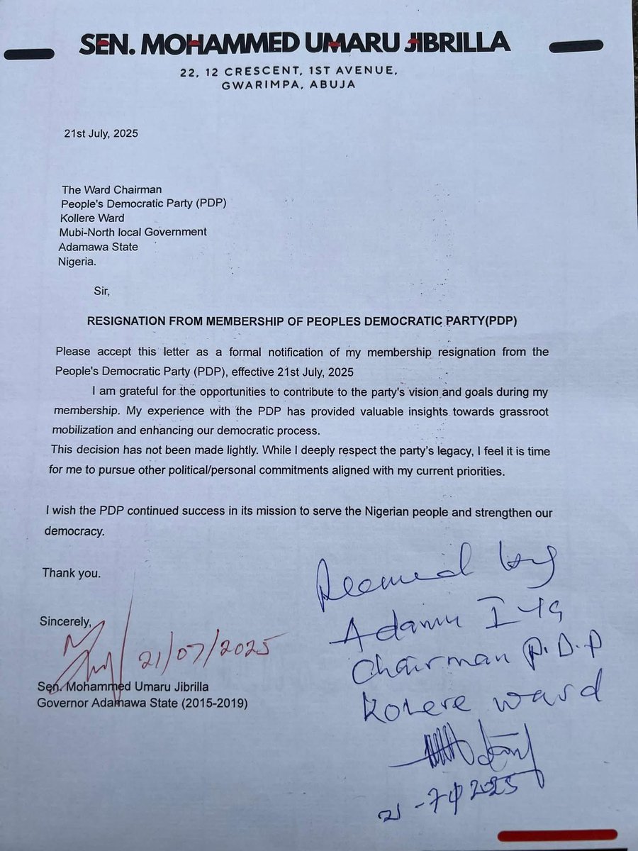 AWaziri7's tweet image. Breaking
Former Governor Of Adamawa State, Rt. Hon. Mohammed Umaru Jibrilla Bindow has officially resigned his membership PDP , set to join ADC officially tomorrow
May the COALITION succeed 🙏 🙏 🙏