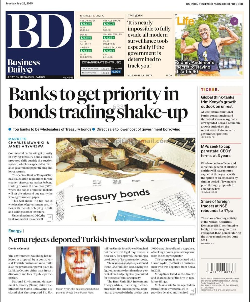 MwangoCapital's tweet image. 🗞️ Business Daily | July 28, 2025
—CBK reforms to give commercial banks wholesale access in Treasury bonds shake-up
—Nema blocks USD 155.4 million solar project by deported Turkish investor over compliance gaps
—Kenya’s 2025 growth outlook downgraded by global think-tanks amid…